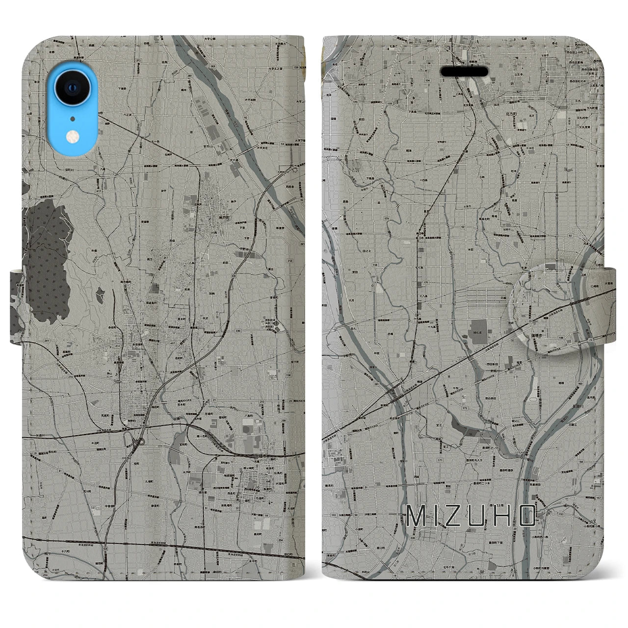 【瑞穂(岐阜県)】地図柄iPhoneケース(手帳タイプ)モノトーン・iPhone XR 用