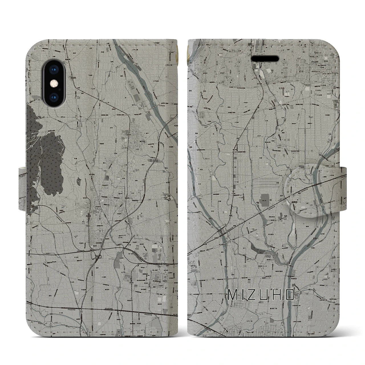 【瑞穂(岐阜県)】地図柄iPhoneケース(手帳タイプ)モノトーン・iPhone XS / X 用