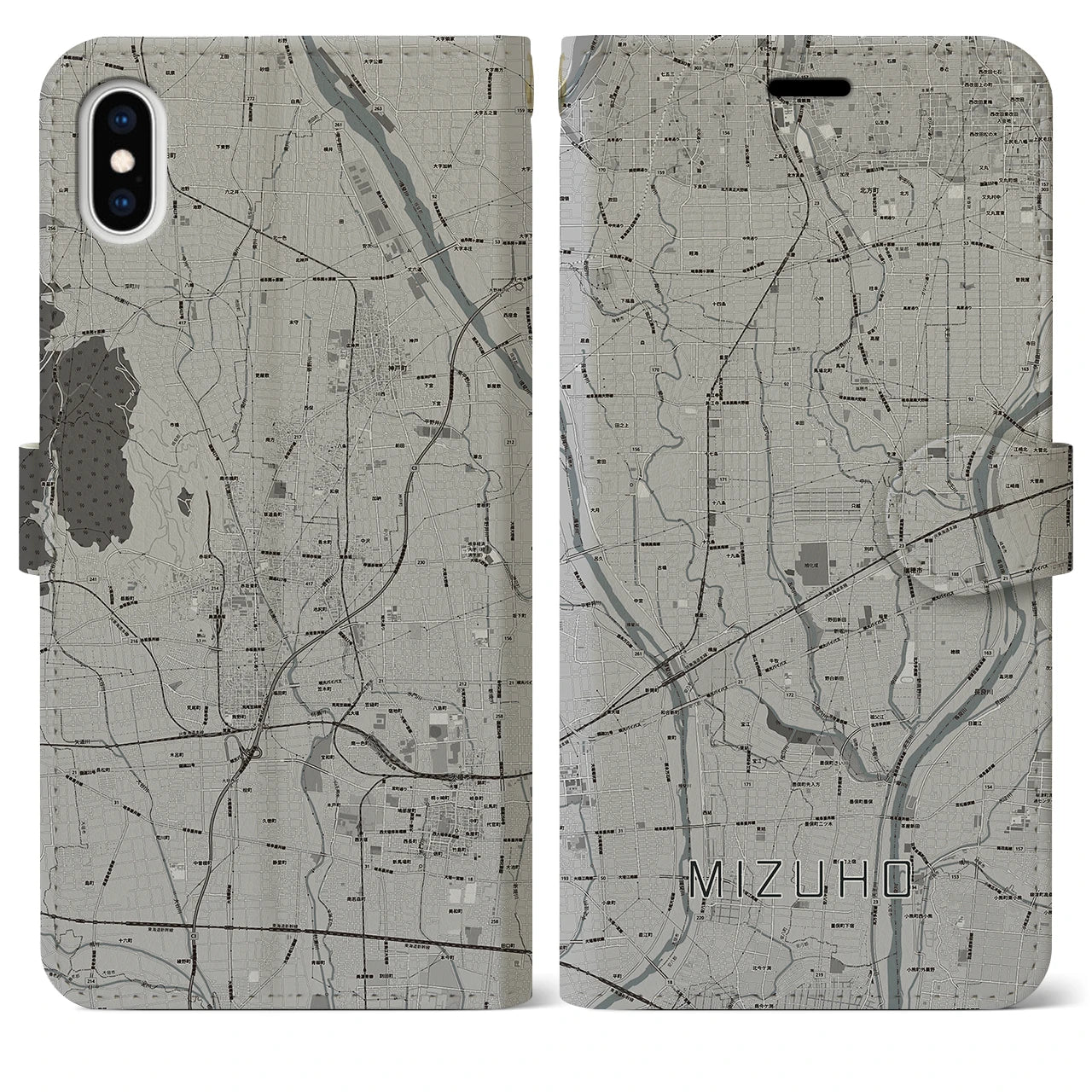 【瑞穂(岐阜県)】地図柄iPhoneケース(手帳タイプ)モノトーン・iPhone XS Max 用