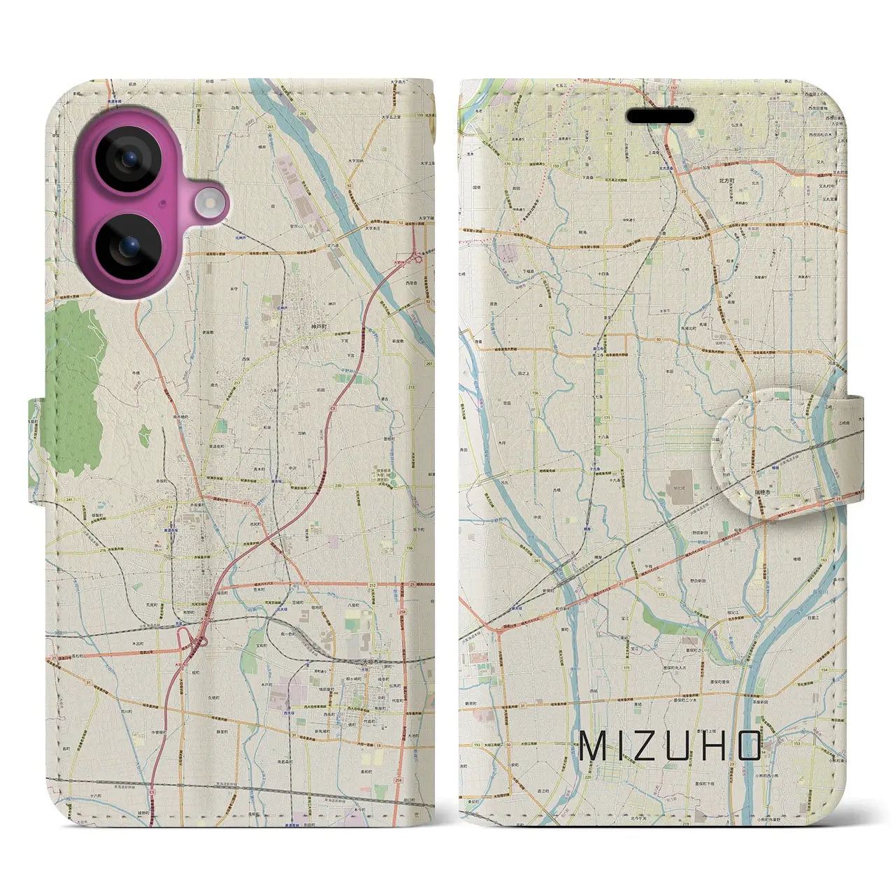 【瑞穂(岐阜県)】地図柄iPhoneケース(手帳タイプ)ナチュラル・iPhone 16 Pro 用