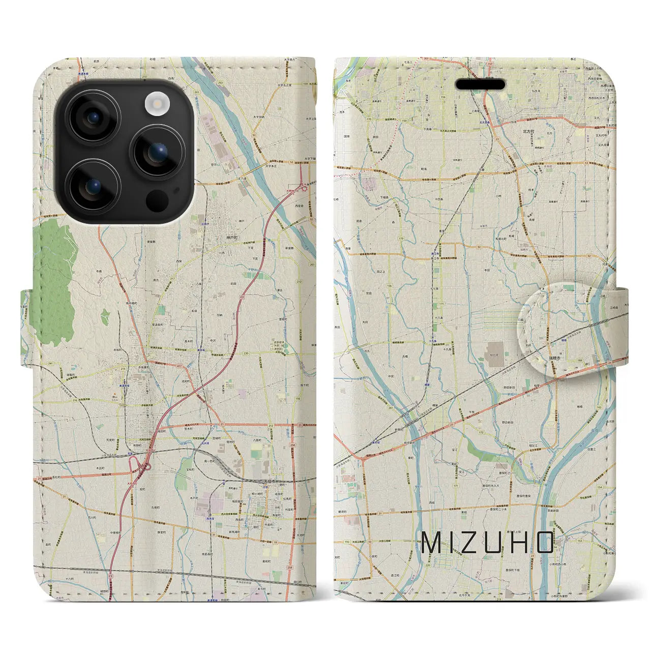 【瑞穂(岐阜県)】地図柄iPhoneケース(手帳タイプ)ナチュラル・iPhone 16 用