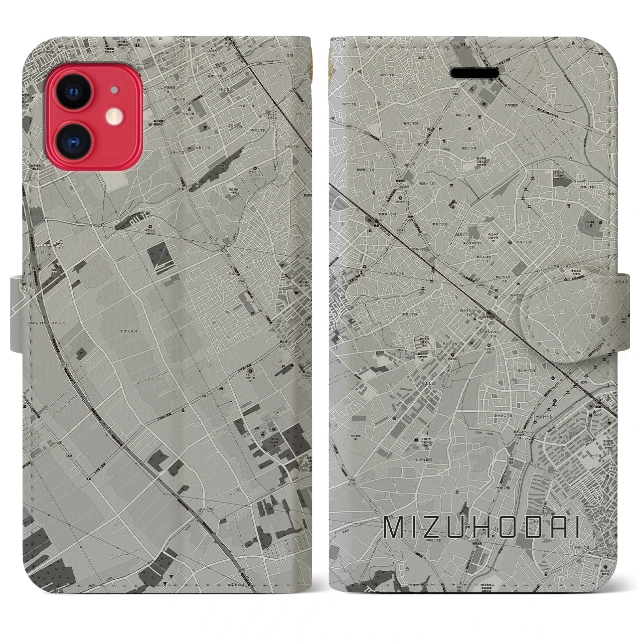 【みずほ台(埼玉県)】地図柄iPhoneケース(手帳タイプ)モノトーン・iPhone 11 用