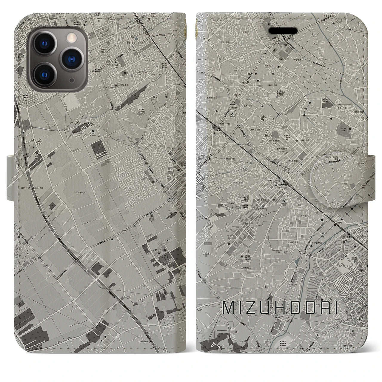 【みずほ台(埼玉県)】地図柄iPhoneケース(手帳タイプ)モノトーン・iPhone 11 Pro Max 用
