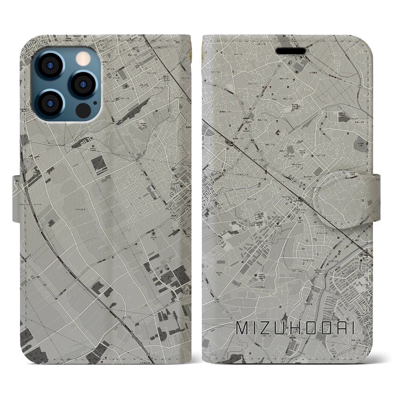 【みずほ台(埼玉県)】地図柄iPhoneケース(手帳タイプ)モノトーン・iPhone 12 / 12 Pro 用