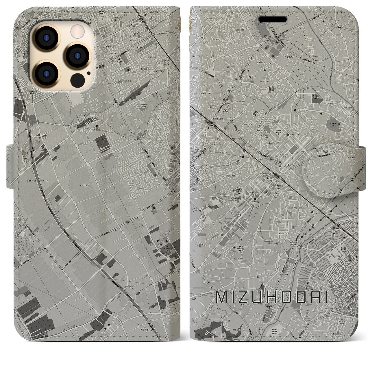 【みずほ台(埼玉県)】地図柄iPhoneケース(手帳タイプ)モノトーン・iPhone 12 Pro Max 用