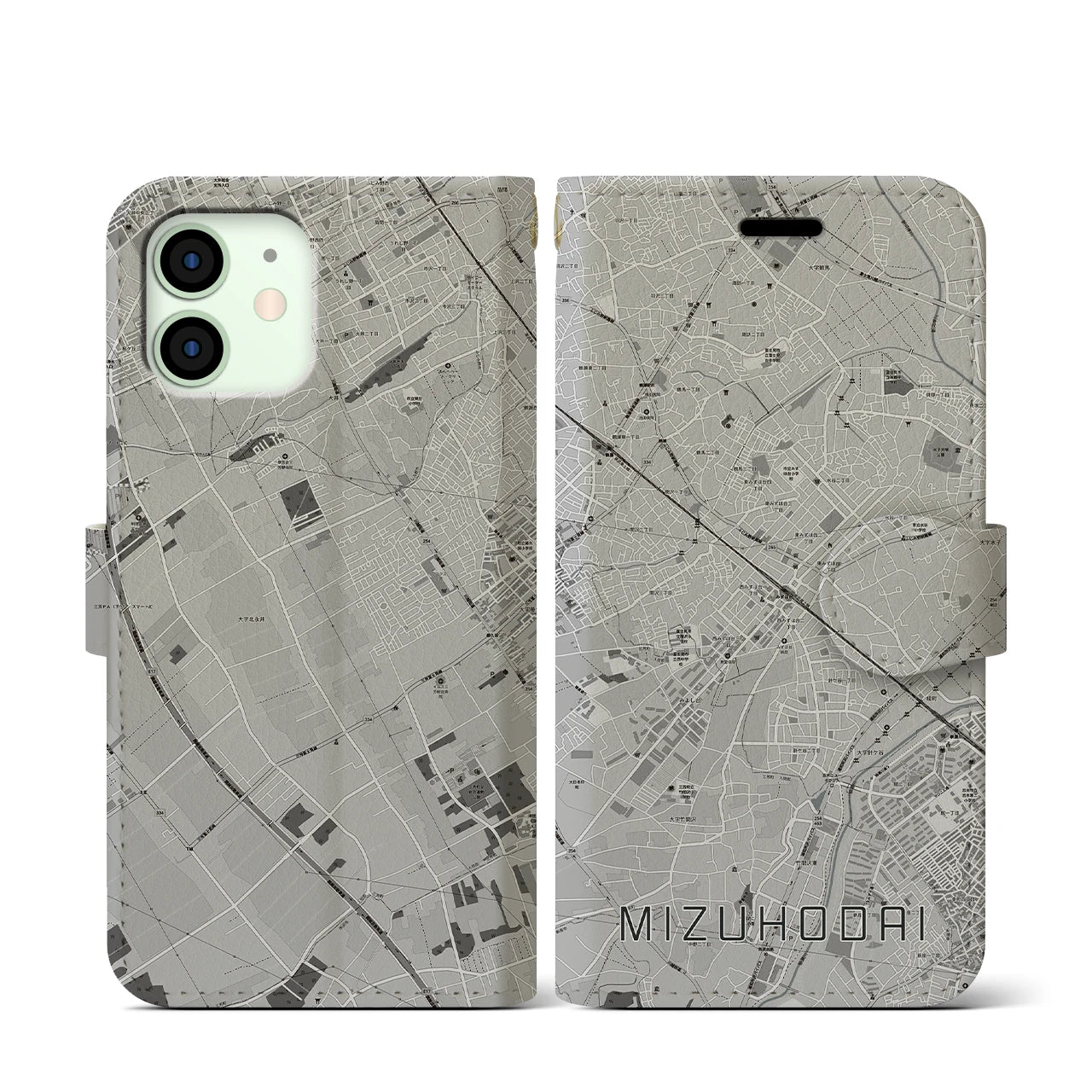 【みずほ台(埼玉県)】地図柄iPhoneケース(手帳タイプ)モノトーン・iPhone 12 mini 用