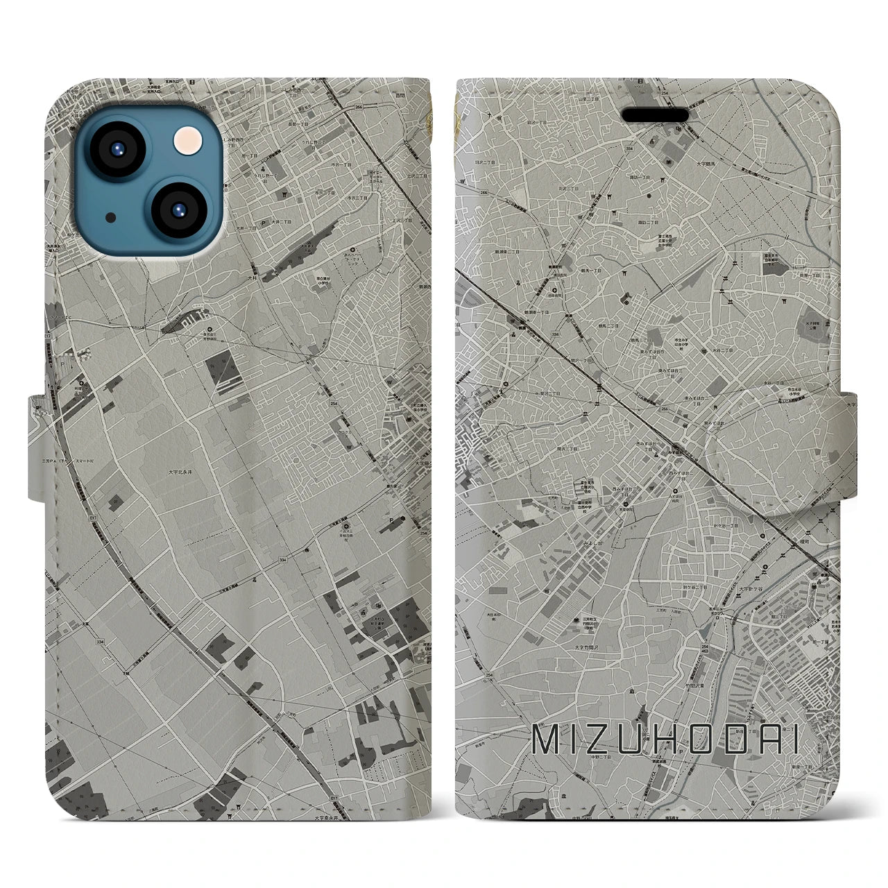 【みずほ台(埼玉県)】地図柄iPhoneケース(手帳タイプ)モノトーン・iPhone 13 用