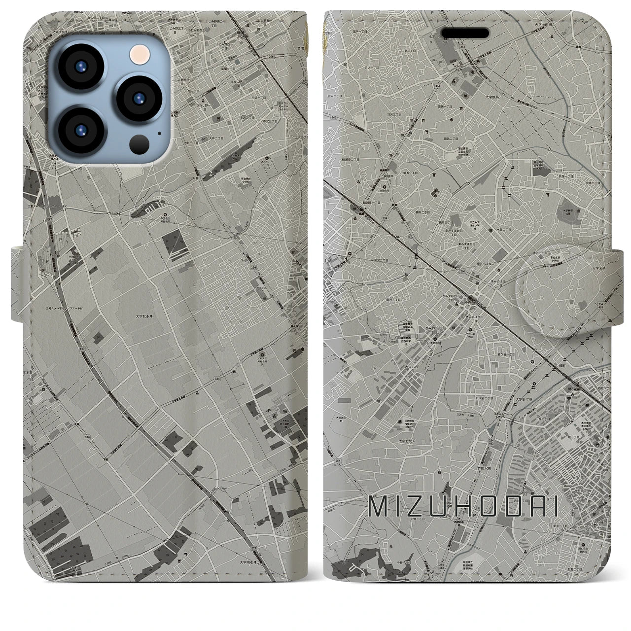 【みずほ台(埼玉県)】地図柄iPhoneケース(手帳タイプ)モノトーン・iPhone 13 Pro Max 用