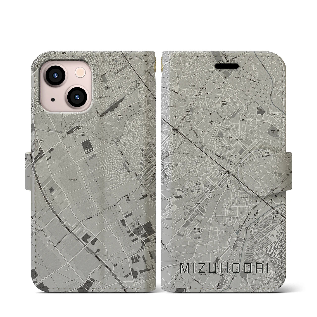 【みずほ台(埼玉県)】地図柄iPhoneケース(手帳タイプ)モノトーン・iPhone 13 mini 用