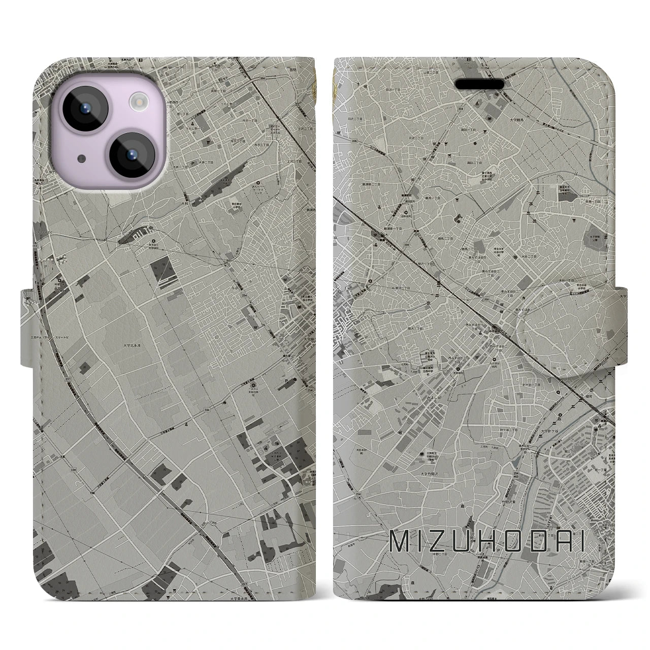 【みずほ台(埼玉県)】地図柄iPhoneケース(手帳タイプ)モノトーン・iPhone 14 用