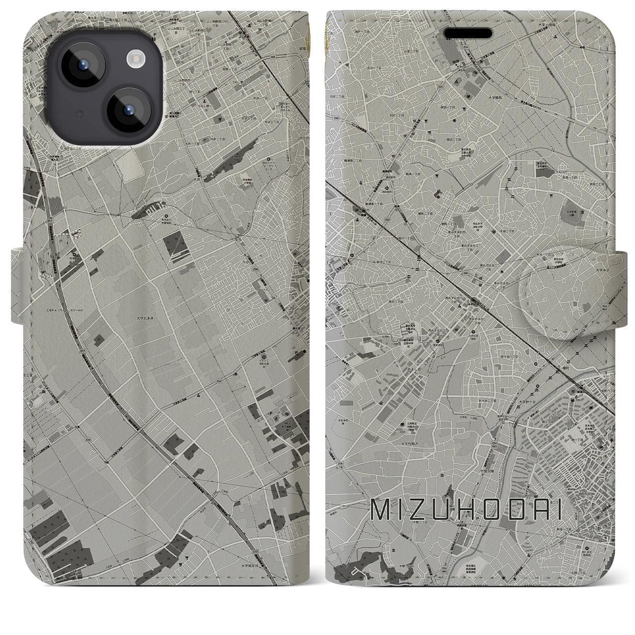 【みずほ台(埼玉県)】地図柄iPhoneケース(手帳タイプ)モノトーン・iPhone 14 Plus 用