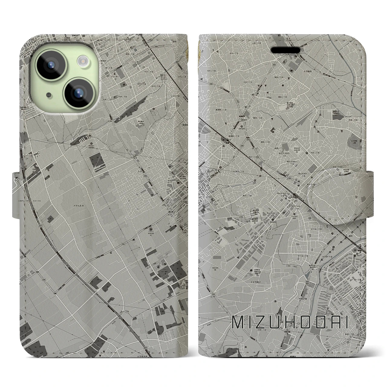 【みずほ台(埼玉県)】地図柄iPhoneケース(手帳タイプ)モノトーン・iPhone 15 用