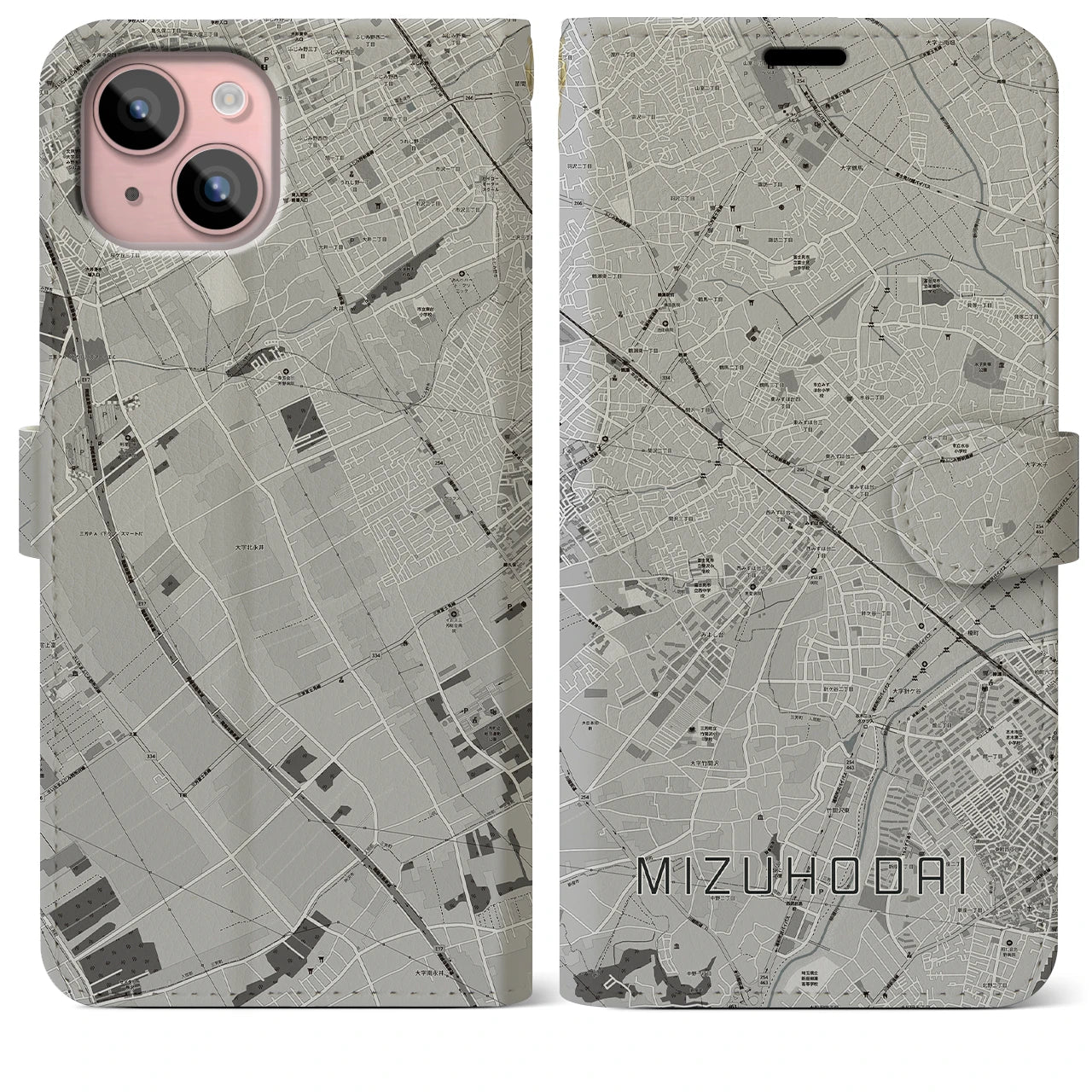 【みずほ台(埼玉県)】地図柄iPhoneケース(手帳タイプ)モノトーン・iPhone 15 Plus 用