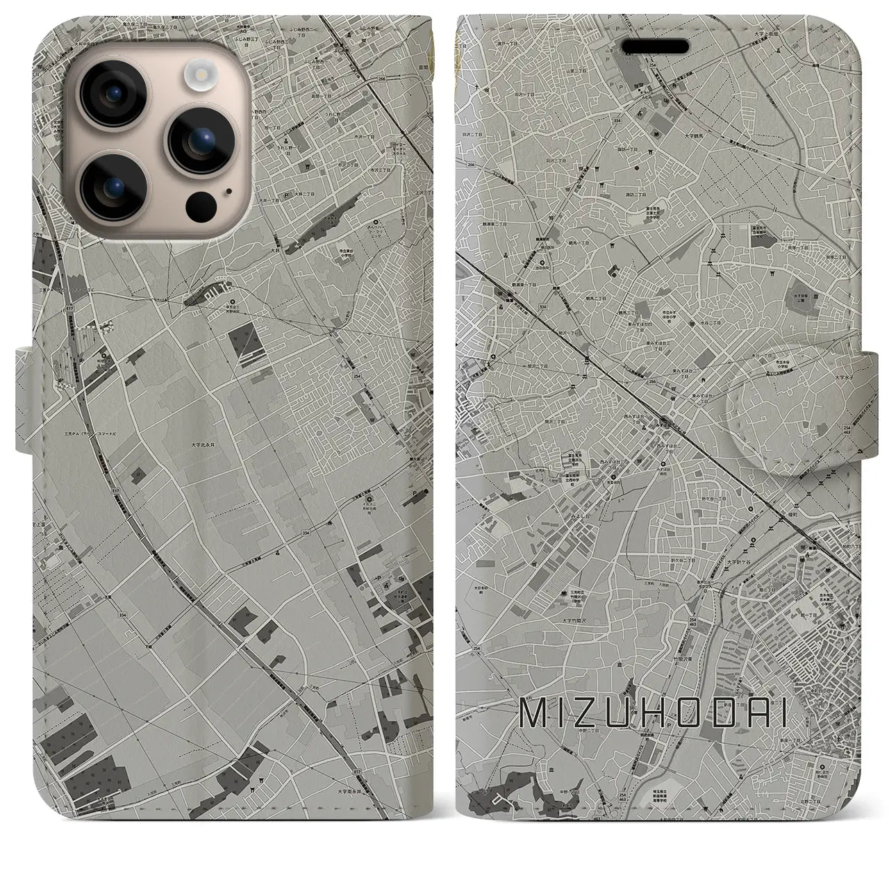 【みずほ台(埼玉県)】地図柄iPhoneケース(手帳タイプ)モノトーン・iPhone 16 Plus 用