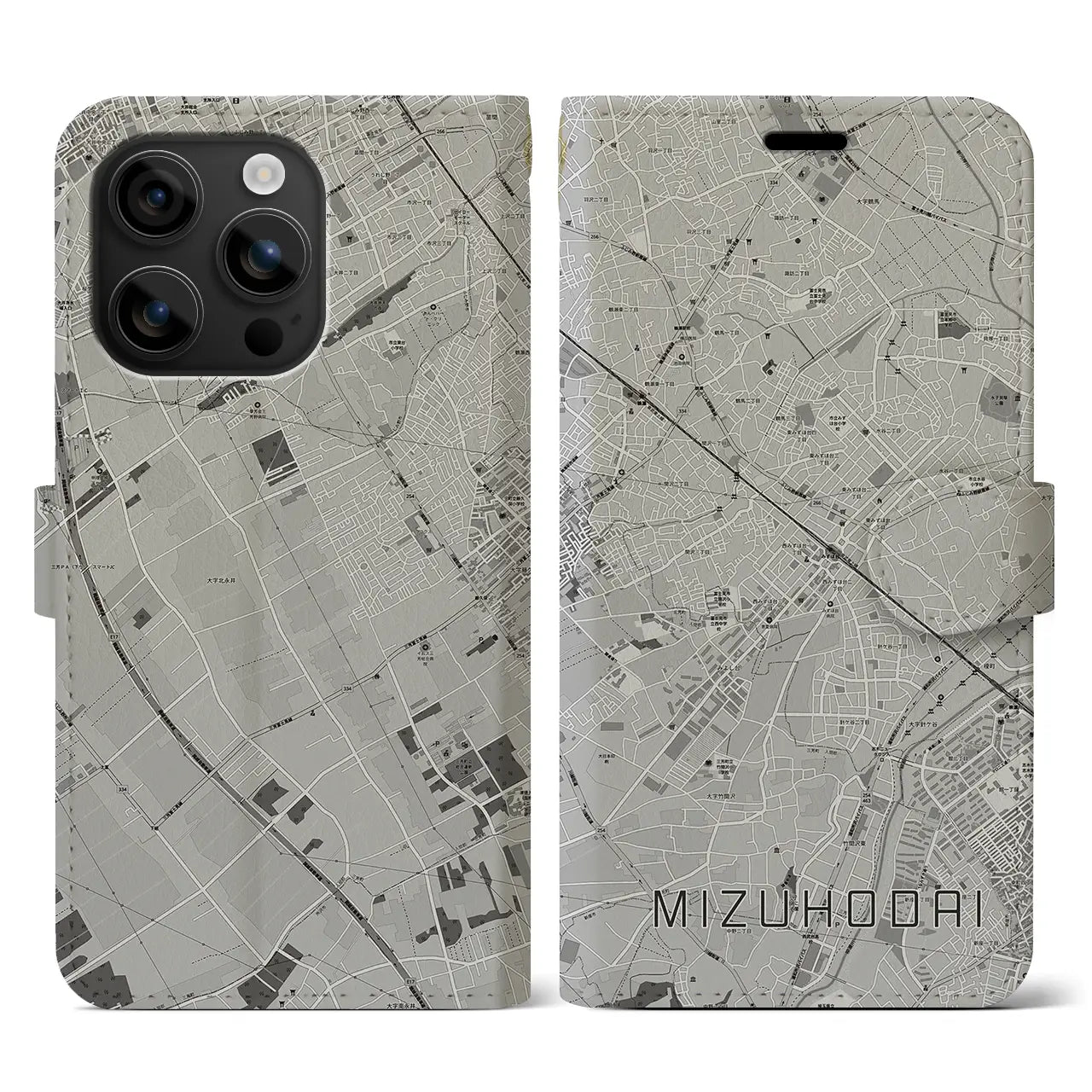 【みずほ台(埼玉県)】地図柄iPhoneケース(手帳タイプ)モノトーン・iPhone 16 用