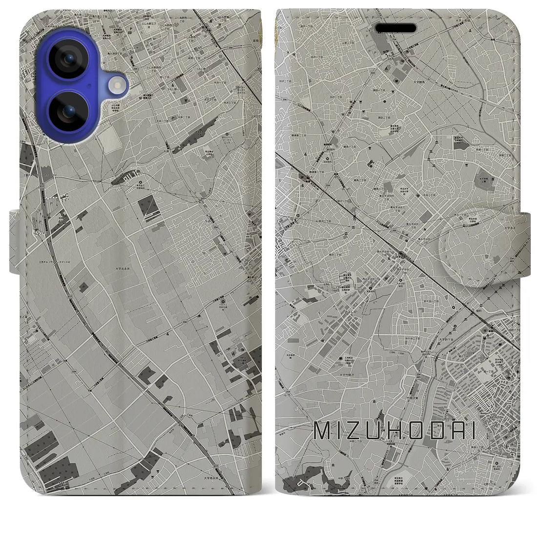 【みずほ台(埼玉県)】地図柄iPhoneケース(手帳タイプ)モノトーン・iPhone 16 Pro Max 用