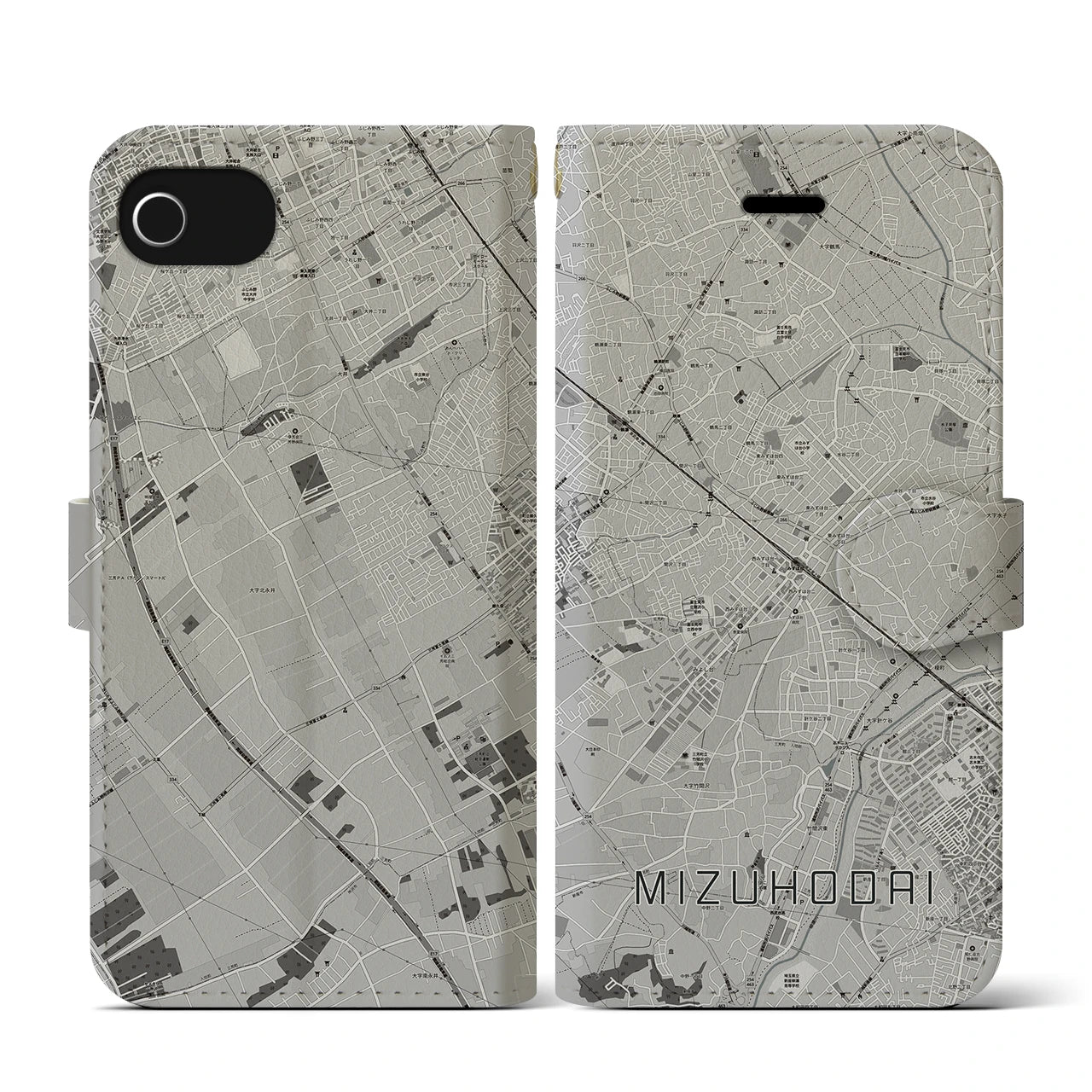 【みずほ台(埼玉県)】地図柄iPhoneケース(手帳タイプ)モノトーン・iPhone SE(第3 / 第2世代) / 8 / 7 / 6s / 6 用
