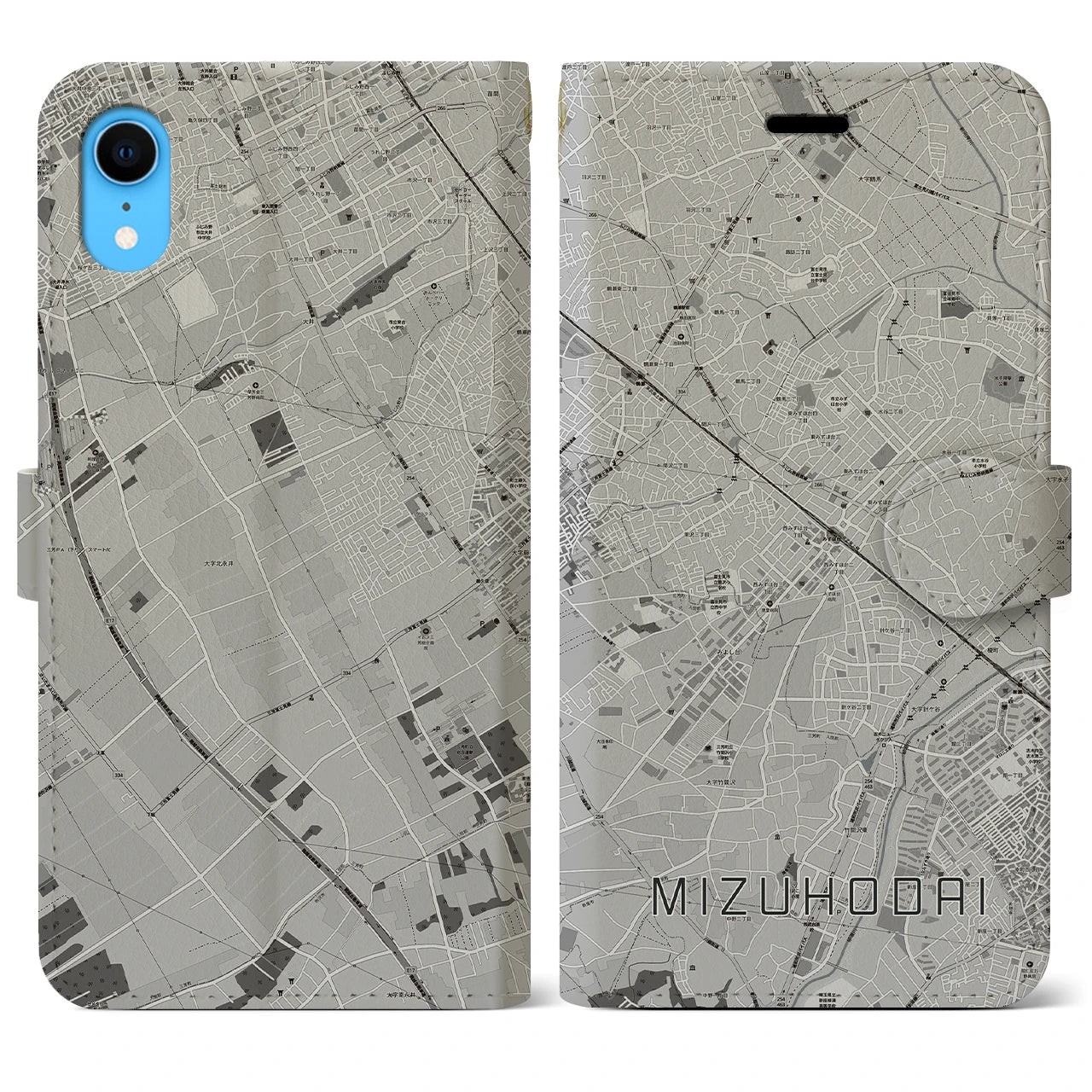 【みずほ台(埼玉県)】地図柄iPhoneケース(手帳タイプ)モノトーン・iPhone XR 用