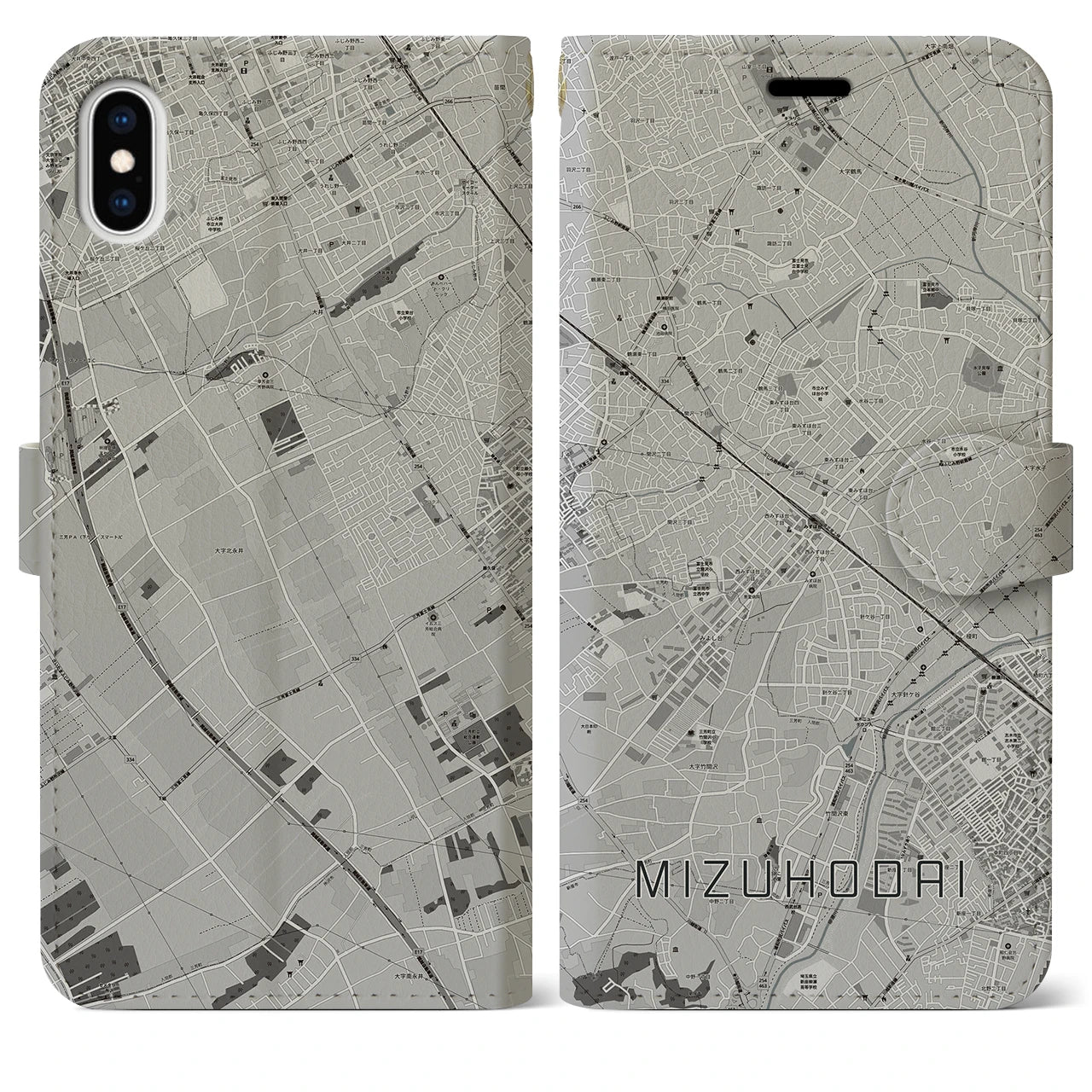 【みずほ台(埼玉県)】地図柄iPhoneケース(手帳タイプ)モノトーン・iPhone XS Max 用