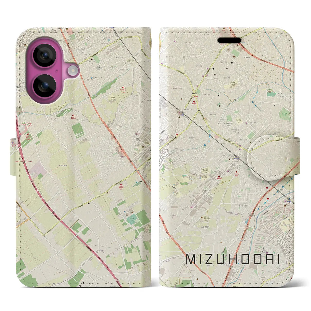 【みずほ台(埼玉県)】地図柄iPhoneケース(手帳タイプ)ナチュラル・iPhone 16 Pro 用