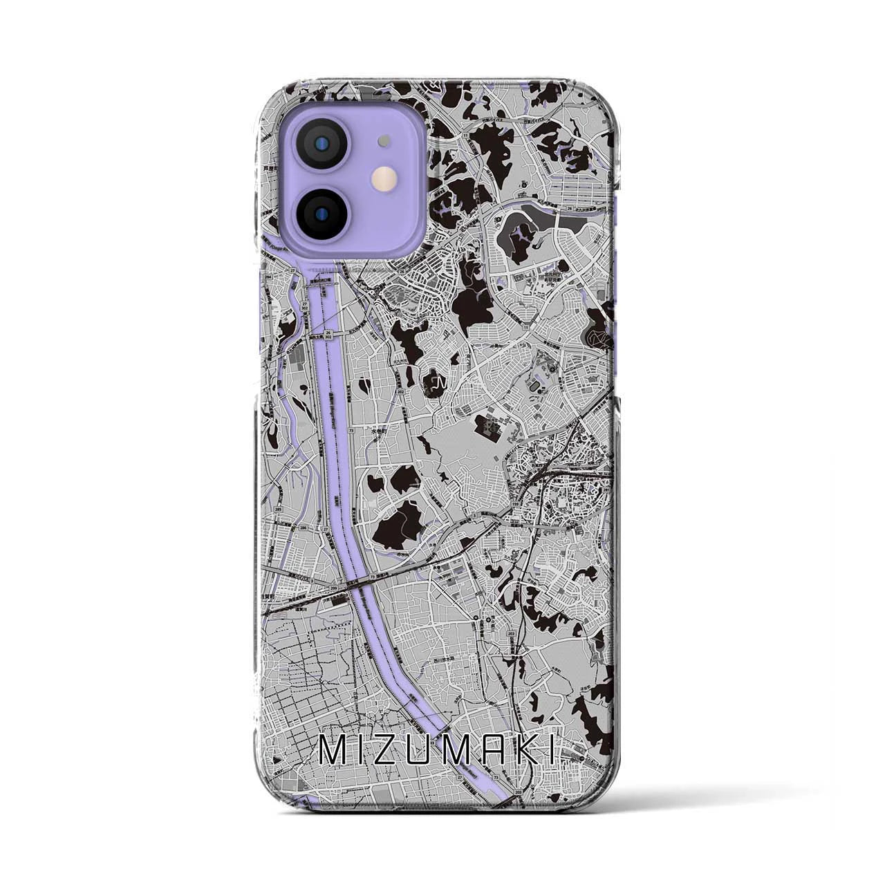 【水巻(福岡県)】地図柄iPhoneケース(クリアタイプ)モノトーン・iPhone 12 / 12 Pro 用