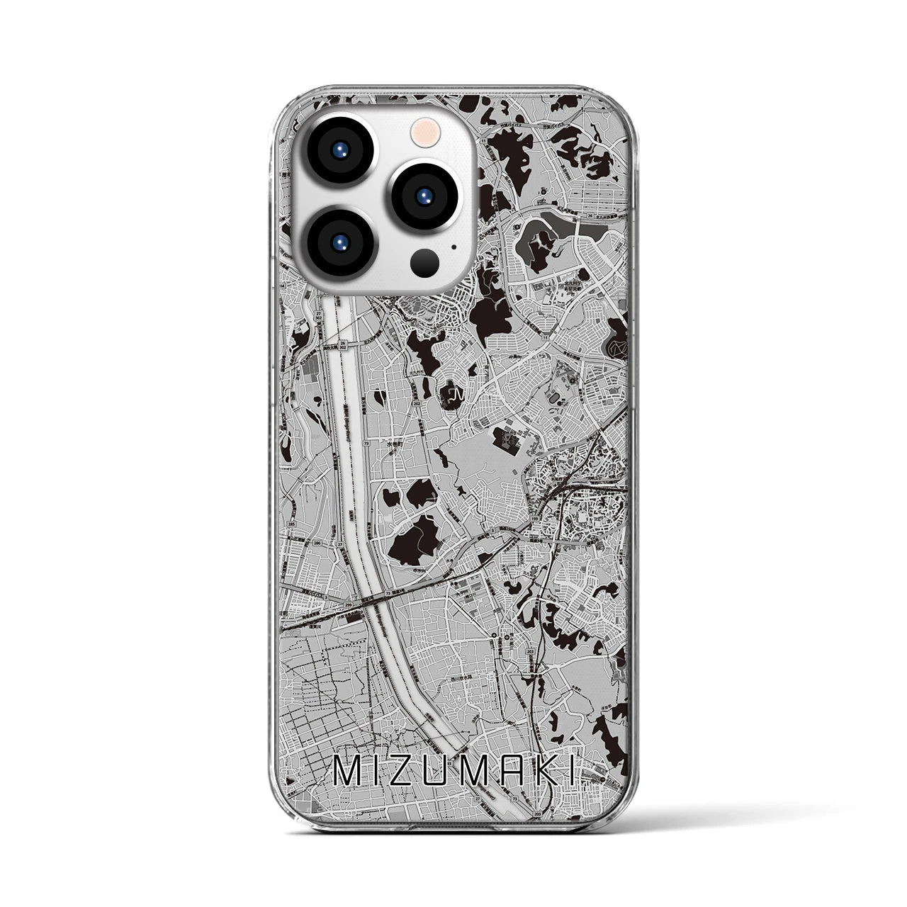 【水巻(福岡県)】地図柄iPhoneケース(クリアタイプ)モノトーン・iPhone 13 Pro 用