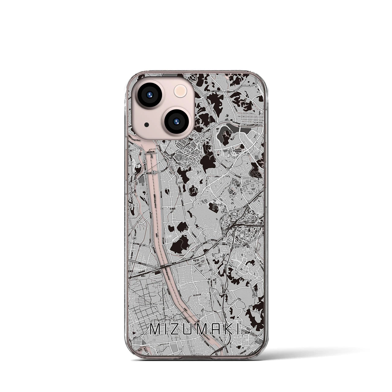 【水巻(福岡県)】地図柄iPhoneケース(クリアタイプ)モノトーン・iPhone 13 mini 用