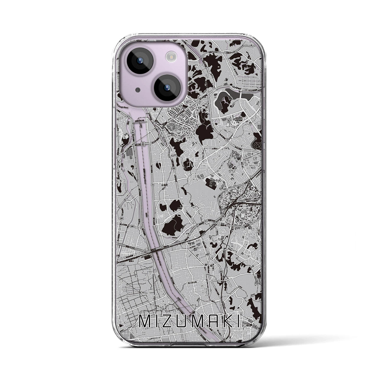 【水巻(福岡県)】地図柄iPhoneケース(クリアタイプ)モノトーン・iPhone 14 用