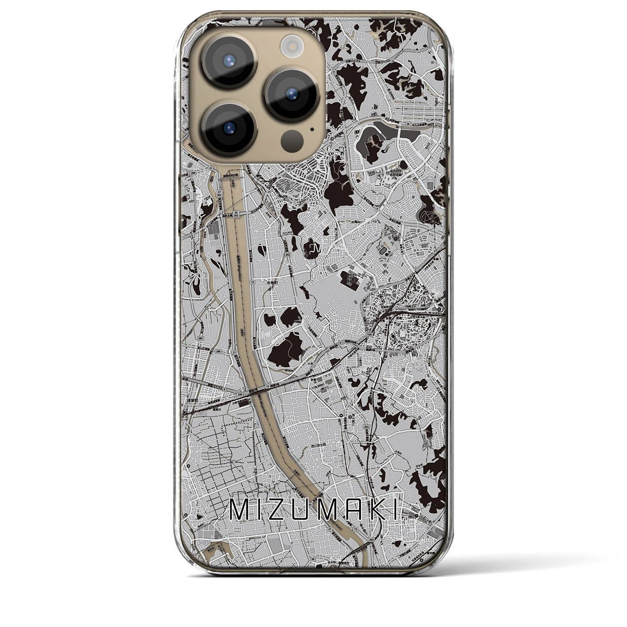 【水巻(福岡県)】地図柄iPhoneケース(クリアタイプ)モノトーン・iPhone 14 Pro Max 用