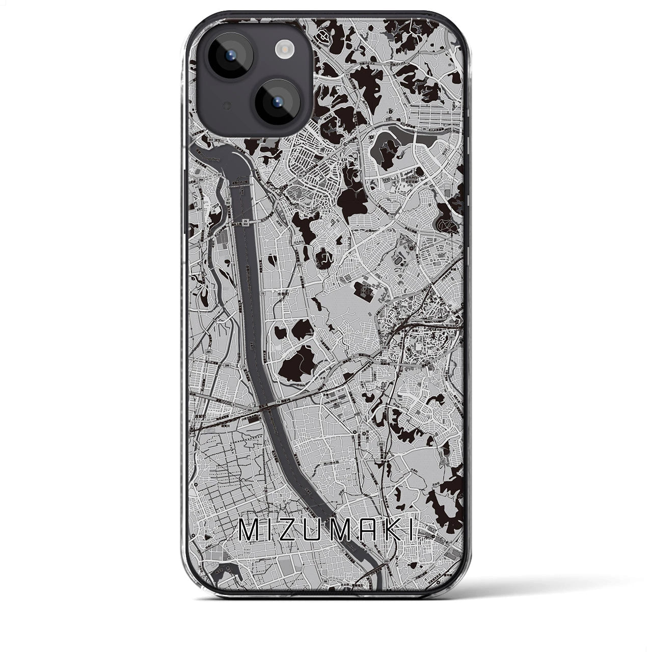 【水巻(福岡県)】地図柄iPhoneケース(クリアタイプ)モノトーン・iPhone 14 Plus 用