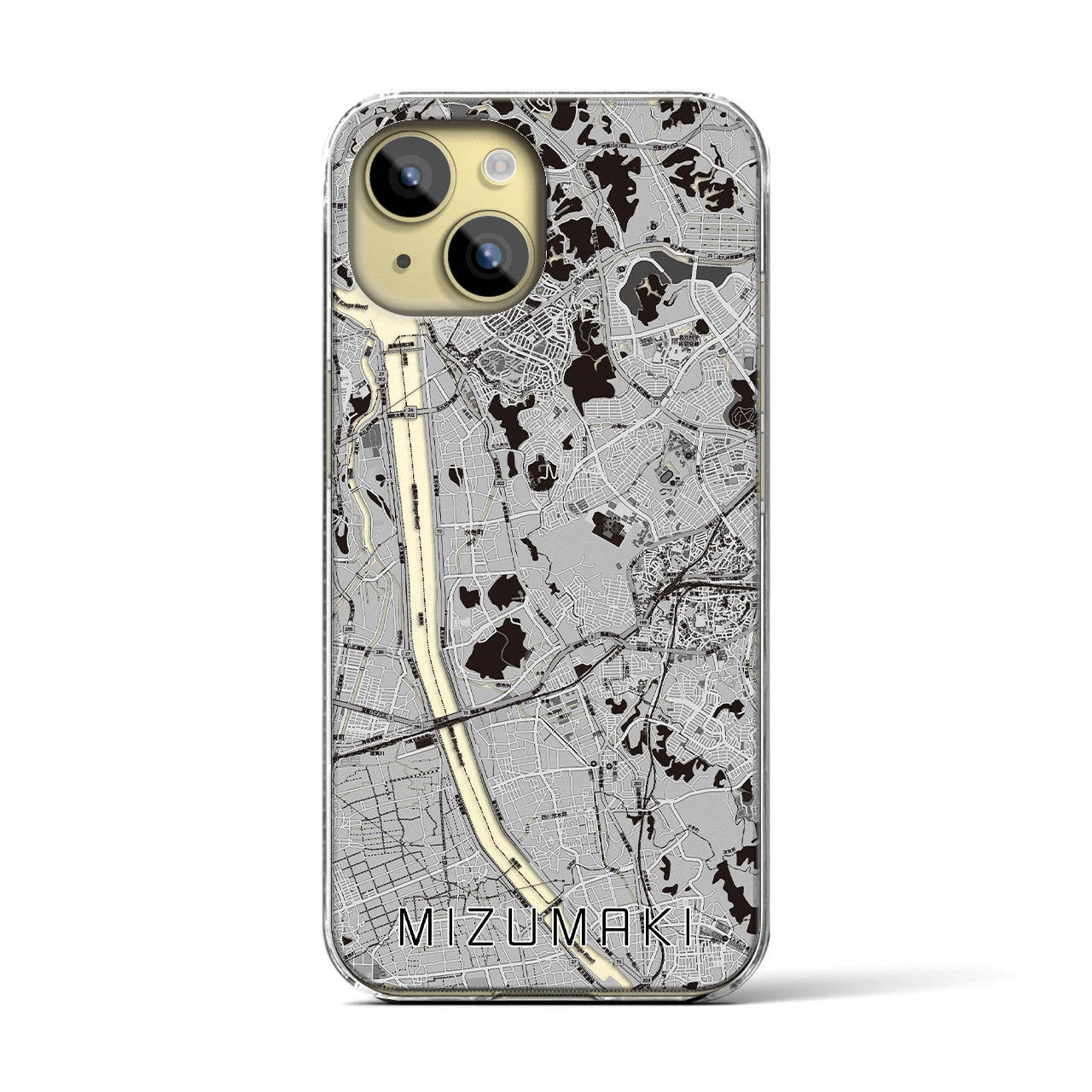 【水巻(福岡県)】地図柄iPhoneケース(クリアタイプ)モノトーン・iPhone 15 用