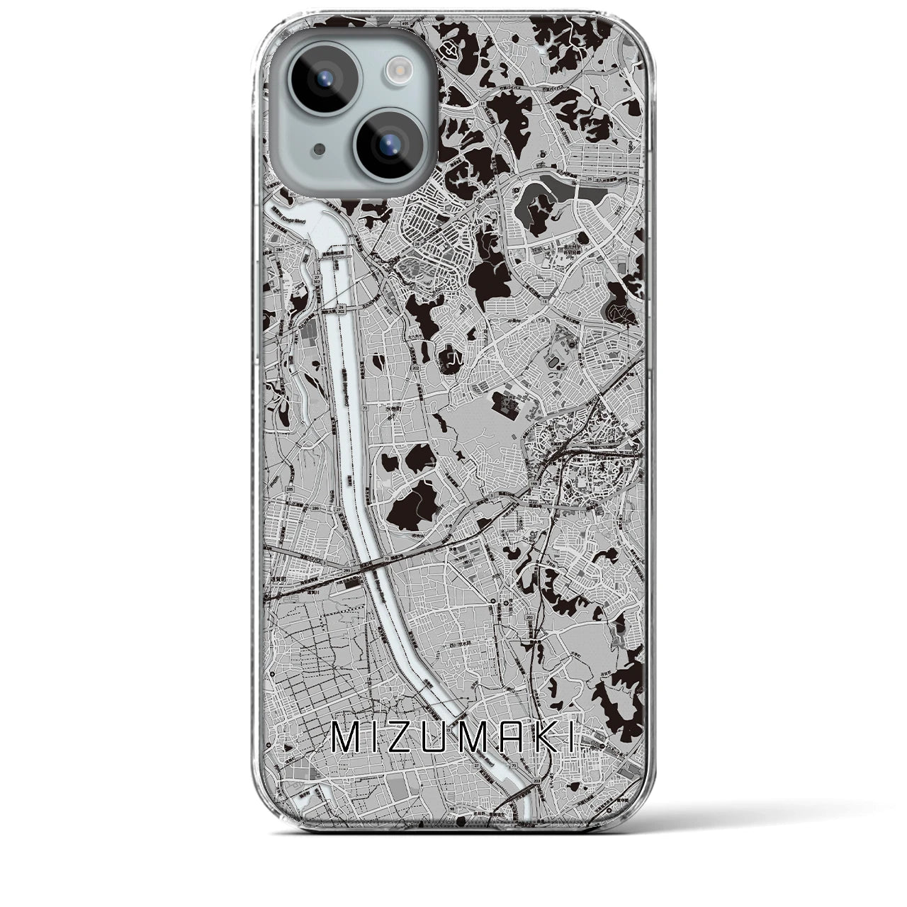 【水巻(福岡県)】地図柄iPhoneケース(クリアタイプ)モノトーン・iPhone 15 Plus 用