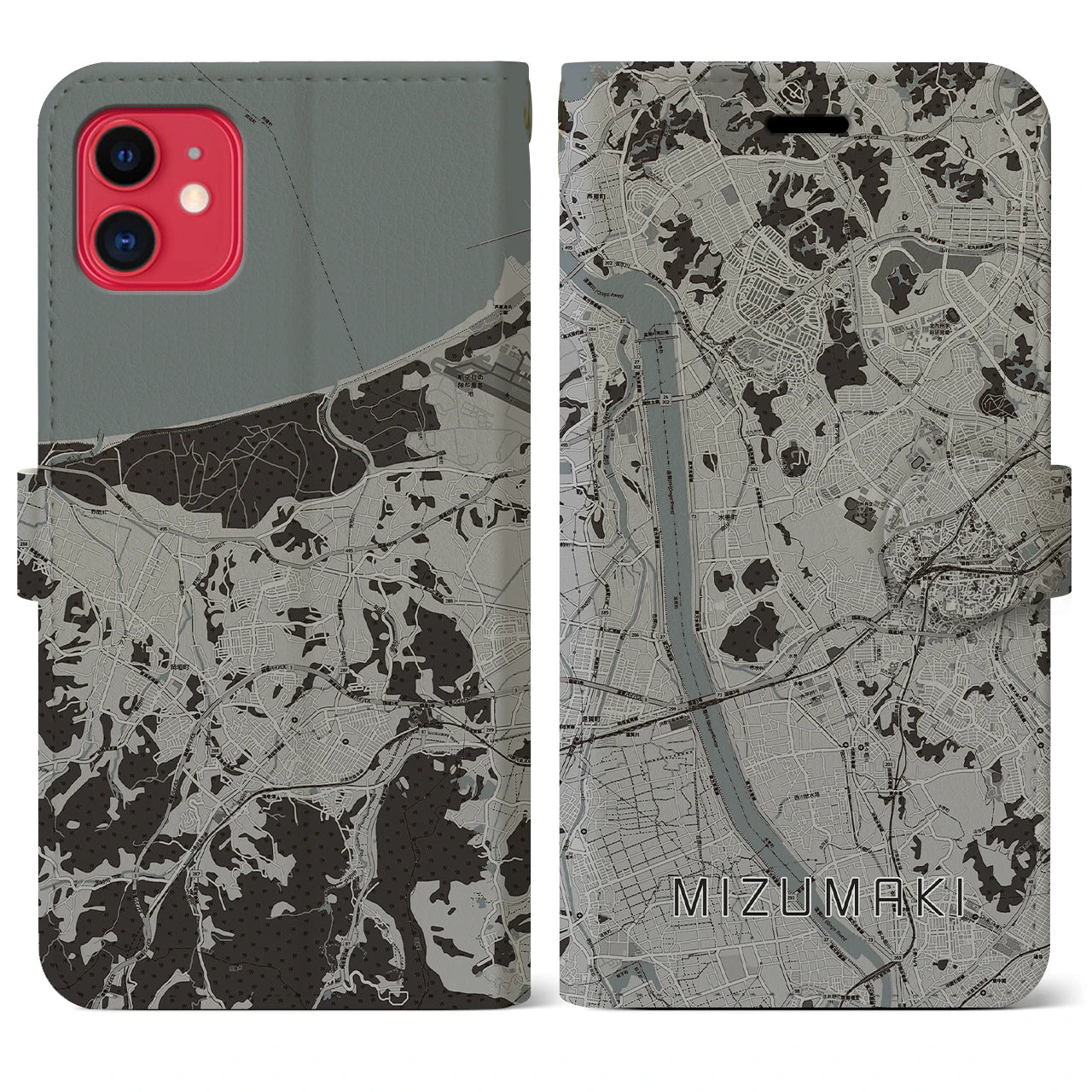 【水巻(福岡県)】地図柄iPhoneケース(手帳タイプ)モノトーン・iPhone 11 用