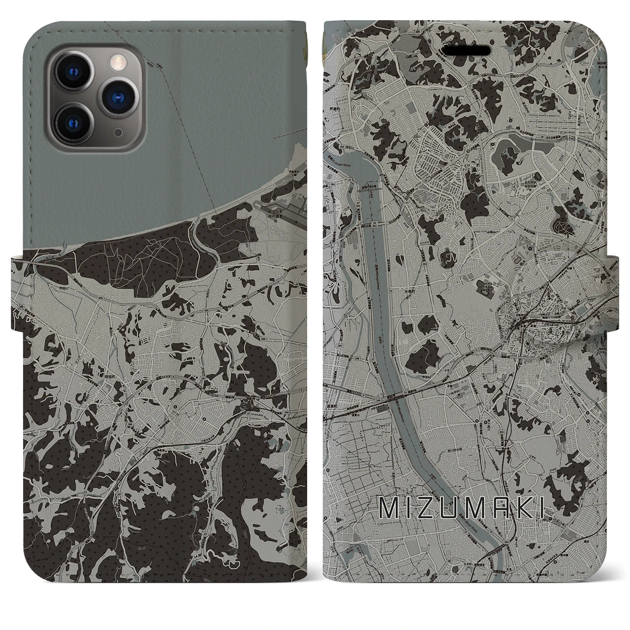 【水巻(福岡県)】地図柄iPhoneケース(手帳タイプ)モノトーン・iPhone 11 Pro Max 用