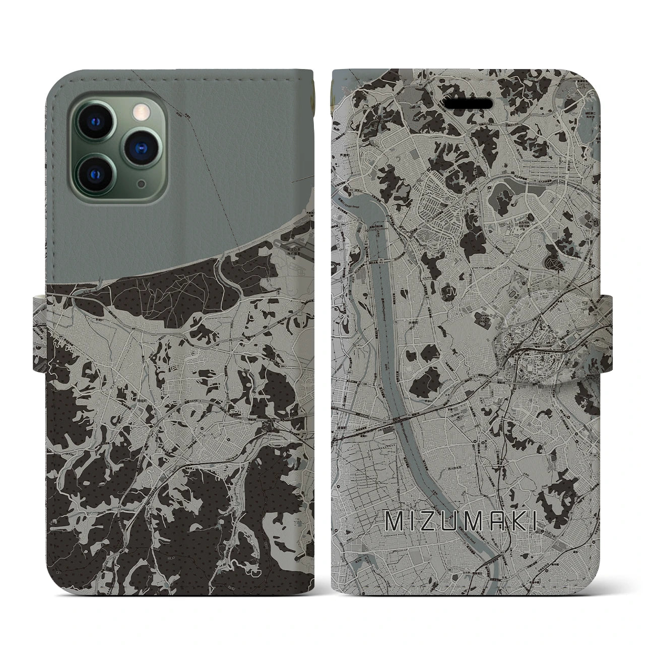 【水巻(福岡県)】地図柄iPhoneケース(手帳タイプ)モノトーン・iPhone 11 Pro 用