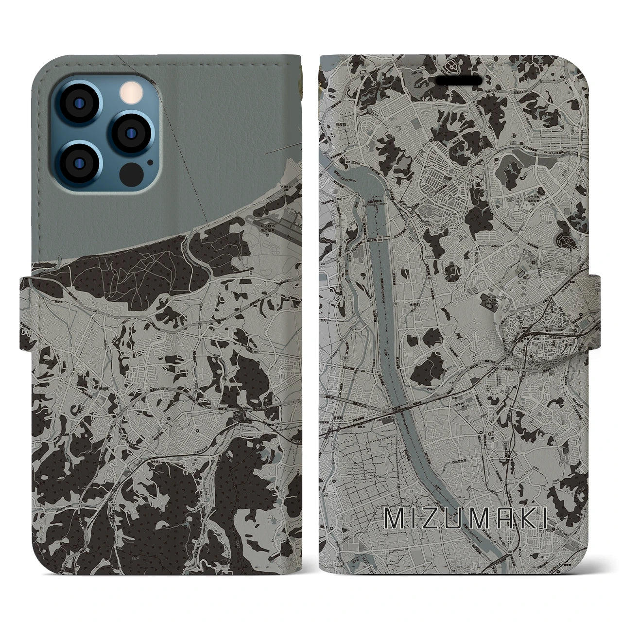 【水巻(福岡県)】地図柄iPhoneケース(手帳タイプ)モノトーン・iPhone 12 / 12 Pro 用