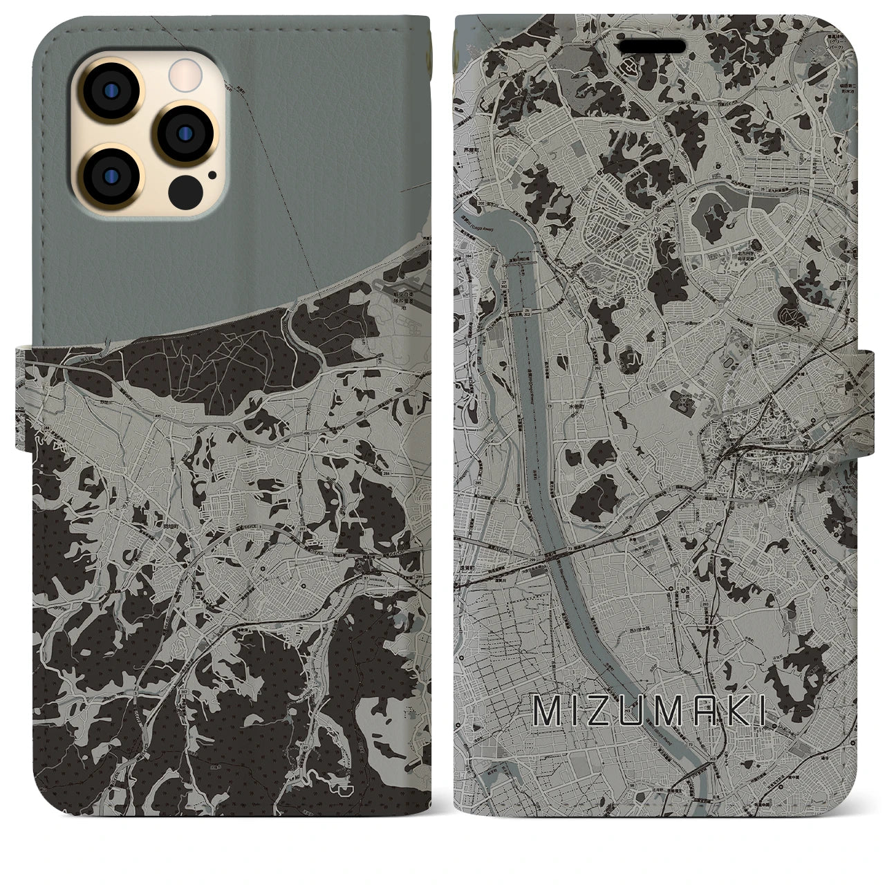【水巻(福岡県)】地図柄iPhoneケース(手帳タイプ)モノトーン・iPhone 12 Pro Max 用