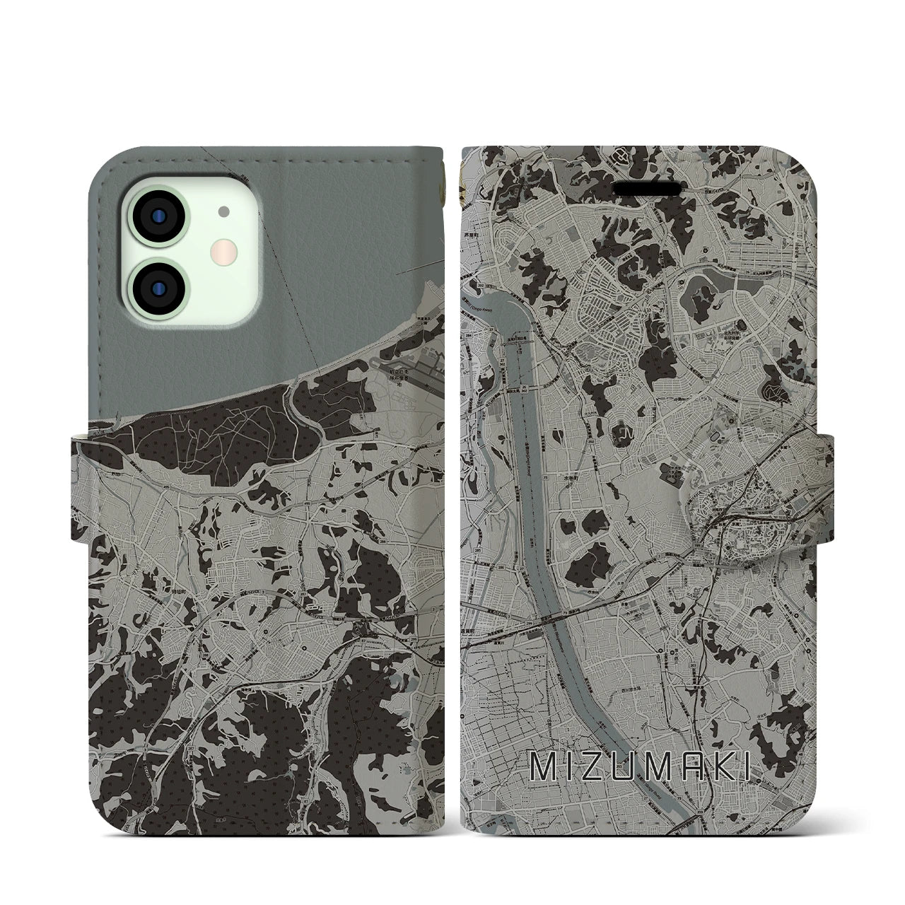【水巻(福岡県)】地図柄iPhoneケース(手帳タイプ)モノトーン・iPhone 12 mini 用