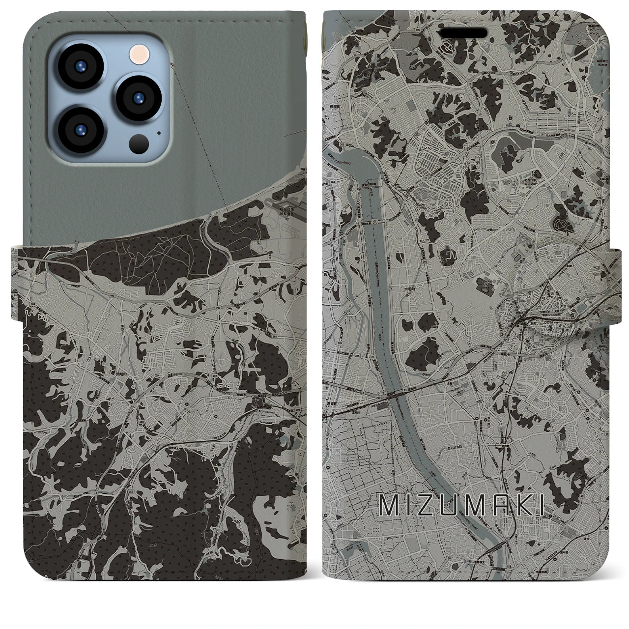 【水巻(福岡県)】地図柄iPhoneケース(手帳タイプ)モノトーン・iPhone 13 Pro Max 用