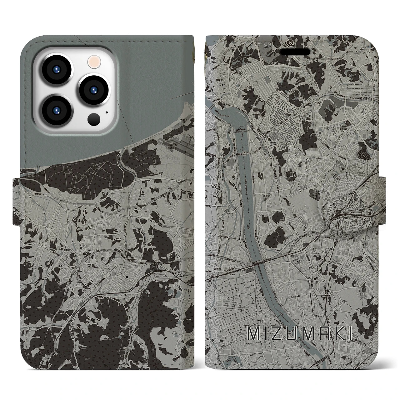 【水巻(福岡県)】地図柄iPhoneケース(手帳タイプ)モノトーン・iPhone 13 Pro 用