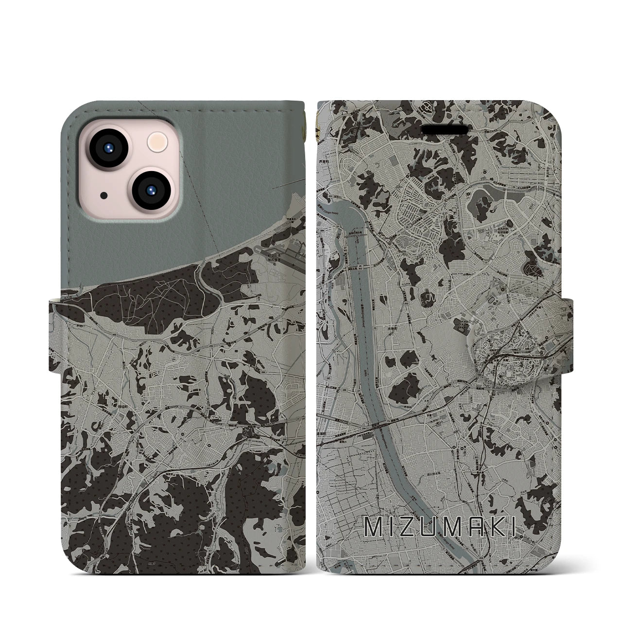 【水巻(福岡県)】地図柄iPhoneケース(手帳タイプ)モノトーン・iPhone 13 mini 用