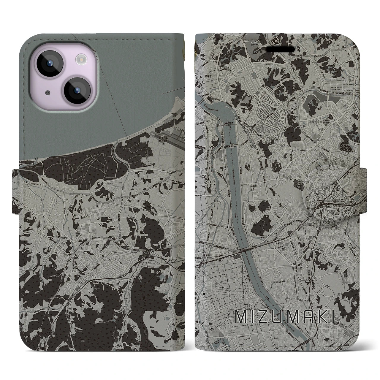 【水巻(福岡県)】地図柄iPhoneケース(手帳タイプ)モノトーン・iPhone 14 用