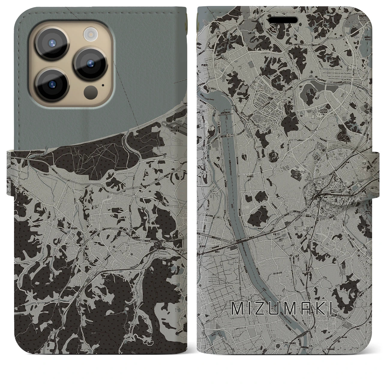 【水巻(福岡県)】地図柄iPhoneケース(手帳タイプ)モノトーン・iPhone 14 Pro Max 用