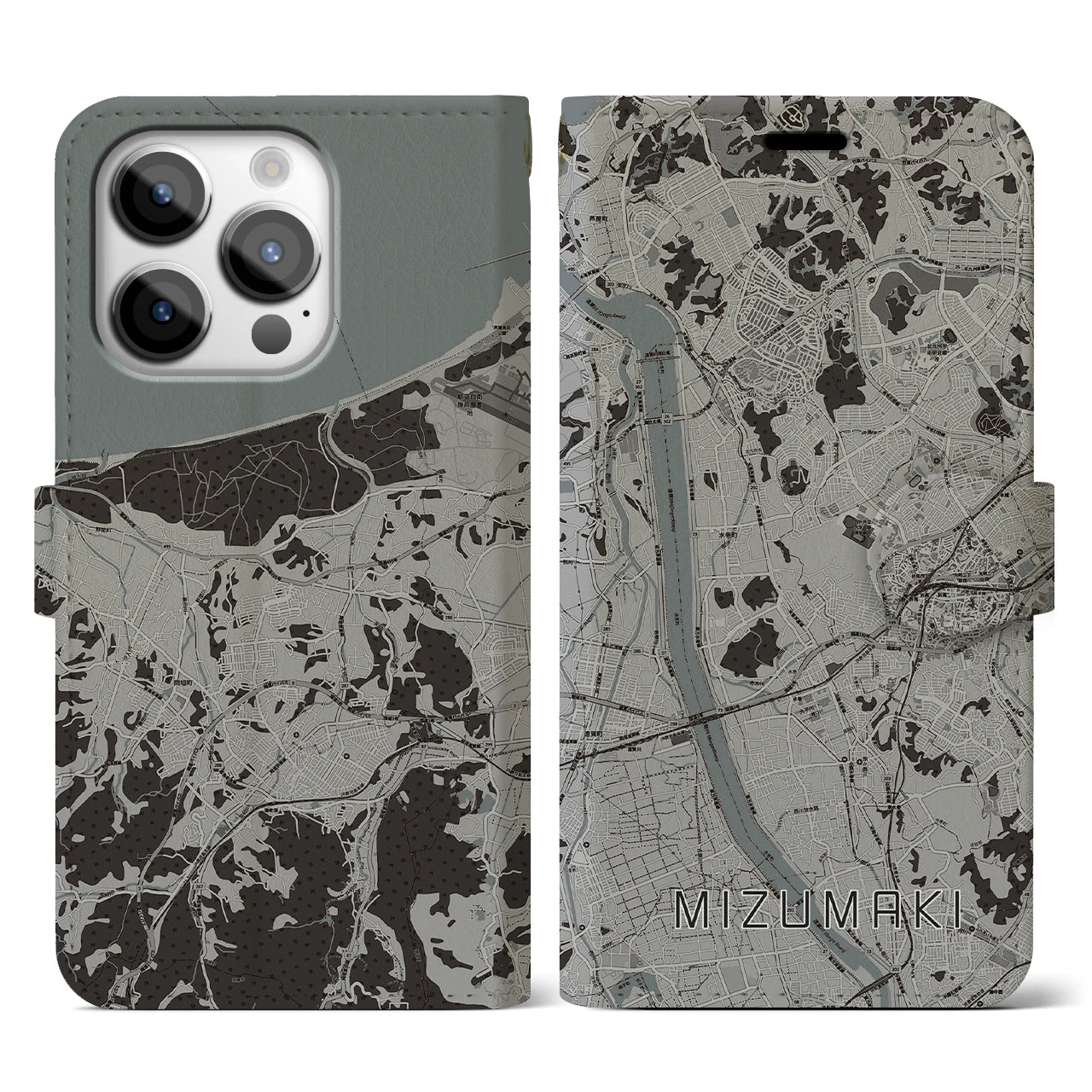 【水巻(福岡県)】地図柄iPhoneケース(手帳タイプ)モノトーン・iPhone 14 Pro 用