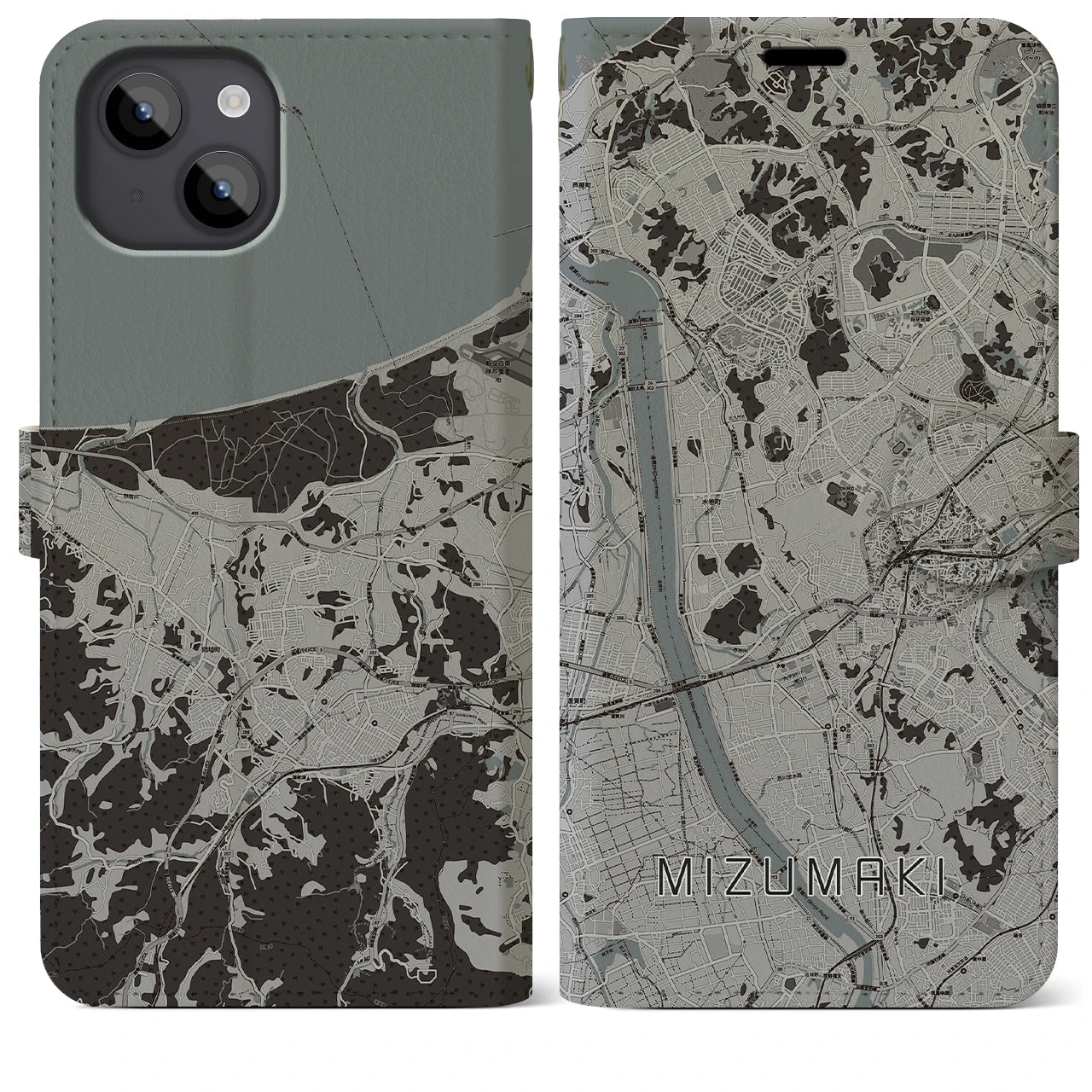 【水巻(福岡県)】地図柄iPhoneケース(手帳タイプ)モノトーン・iPhone 14 Plus 用