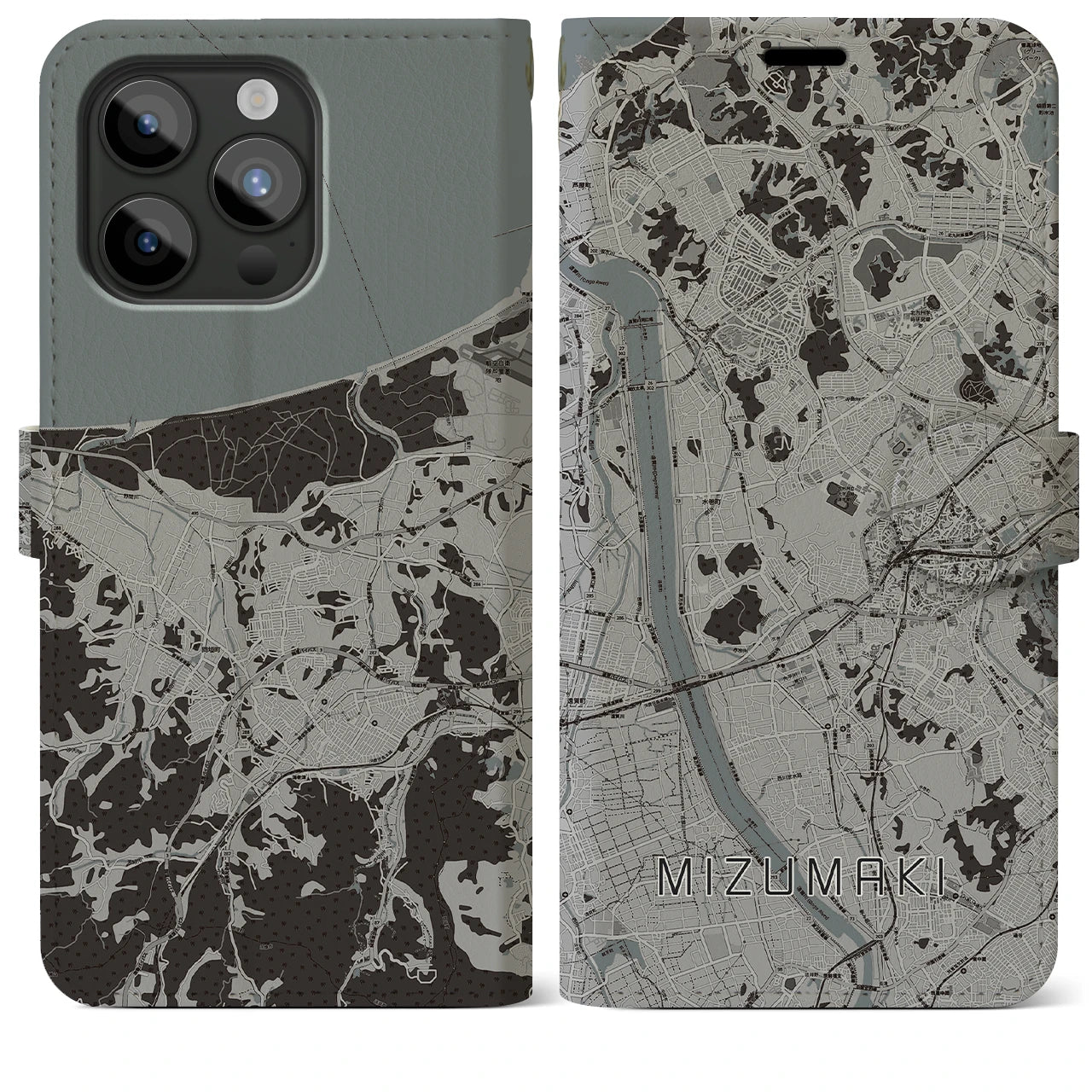 【水巻(福岡県)】地図柄iPhoneケース(手帳タイプ)モノトーン・iPhone 15 Pro Max 用