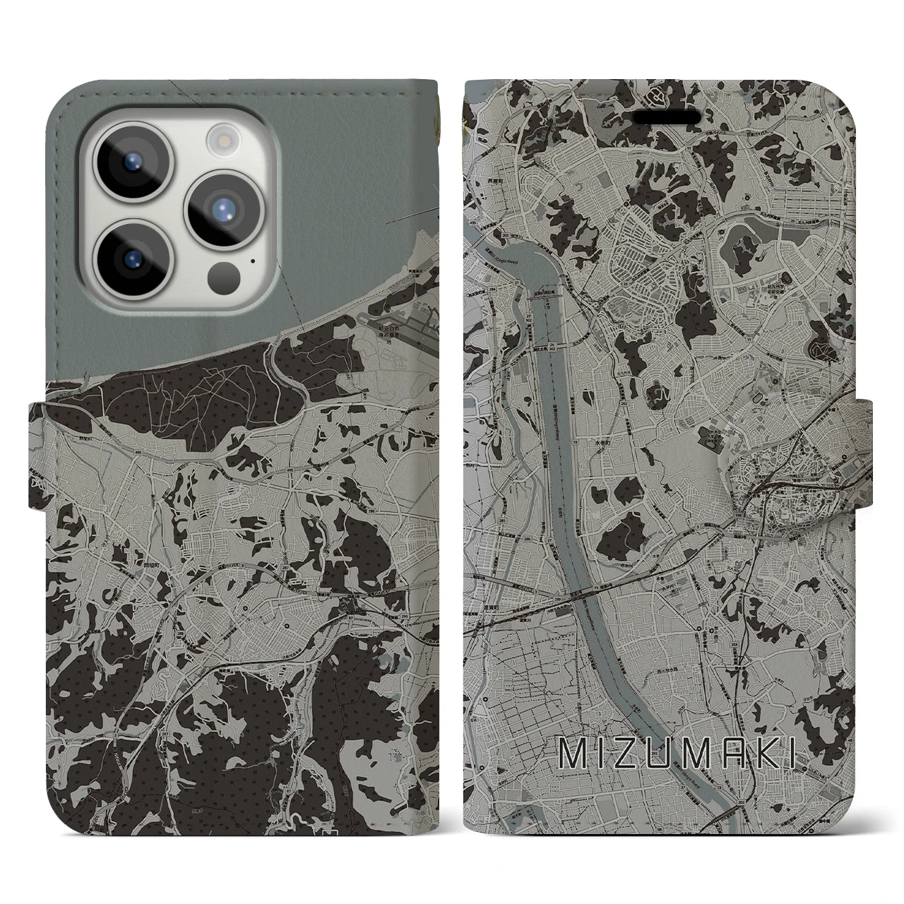 【水巻(福岡県)】地図柄iPhoneケース(手帳タイプ)モノトーン・iPhone 15 Pro 用