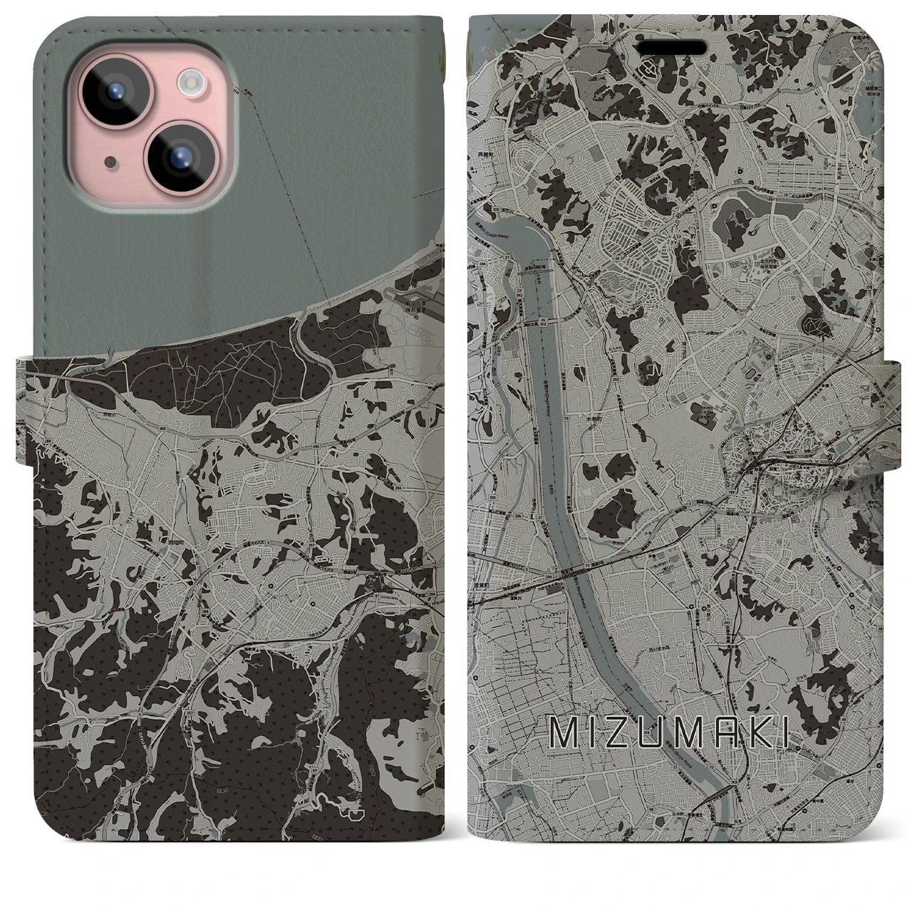 【水巻(福岡県)】地図柄iPhoneケース(手帳タイプ)モノトーン・iPhone 15 Plus 用