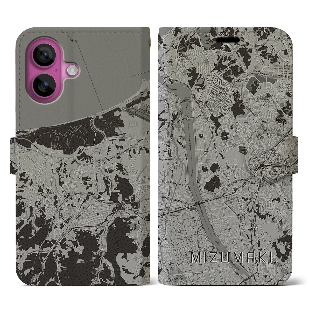 【水巻(福岡県)】地図柄iPhoneケース(手帳タイプ)モノトーン・iPhone 16 Pro 用