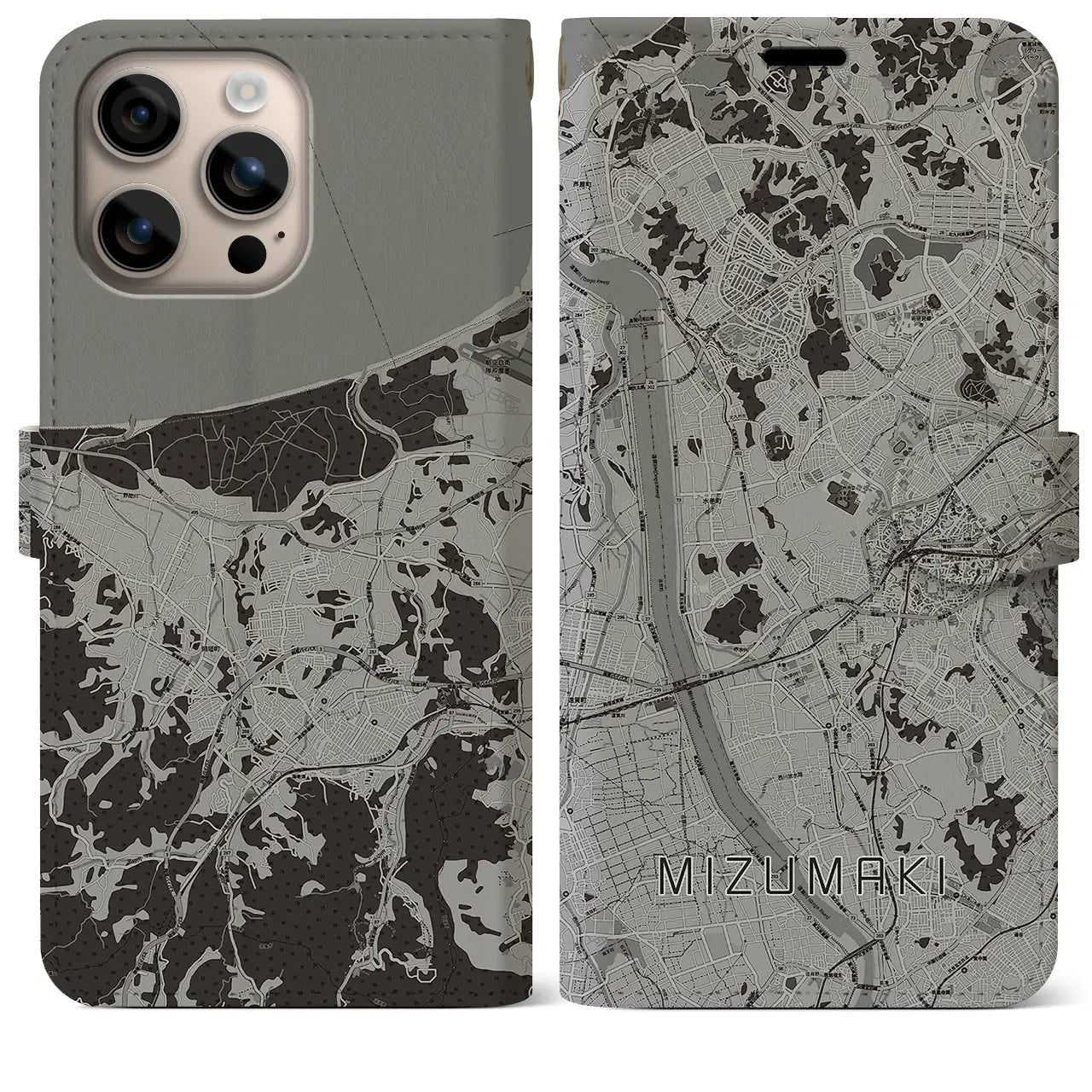 【水巻(福岡県)】地図柄iPhoneケース(手帳タイプ)モノトーン・iPhone 16 Plus 用